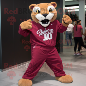 Maroon Puma mascot costume character dressed with a Jacket and Clutch bags