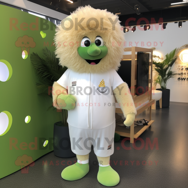 Cream Kiwi mascot costume character dressed with a Jumpsuit and Anklets Cream Kiwi mascot costume character dressed with a Jumpsuit and Anklets