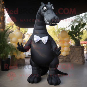 Black Brachiosaurus mascot costume character dressed with a Poplin Shirt and Bow ties