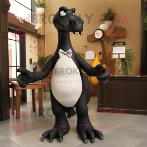 Black Brachiosaurus mascot costume character dressed with a Poplin Shirt and Bow ties