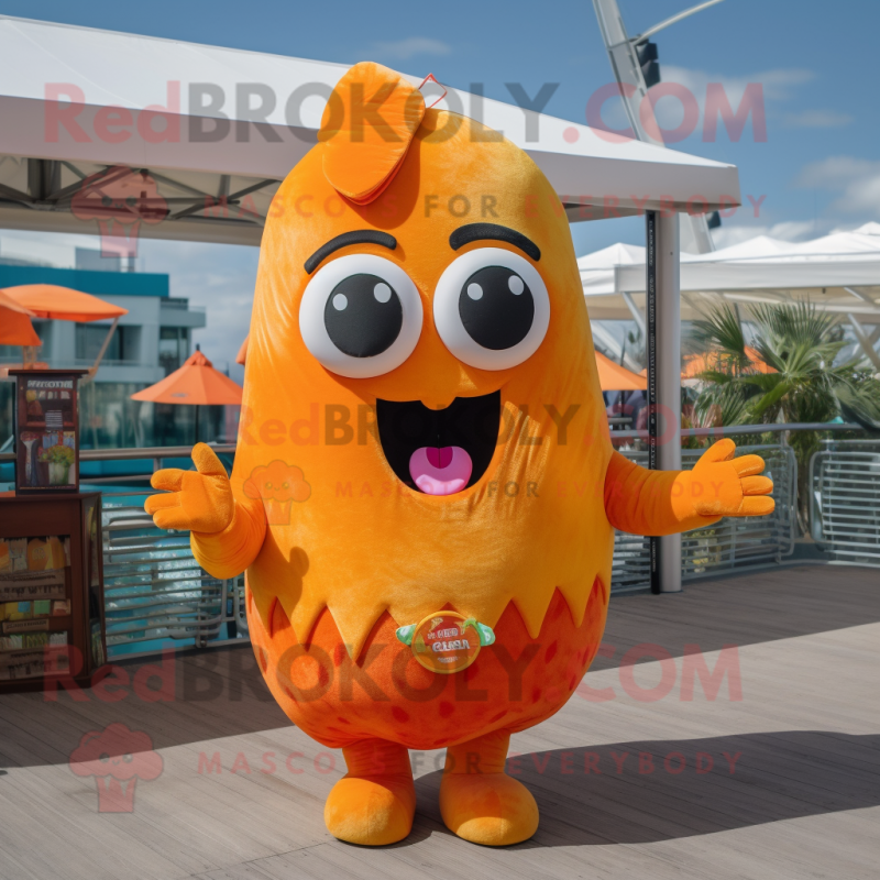 Orange Enchiladas mascot costume character dressed with a Bikini and Earrings Orange Enchiladas mascot costume character dressed with a Bikini and Earrings