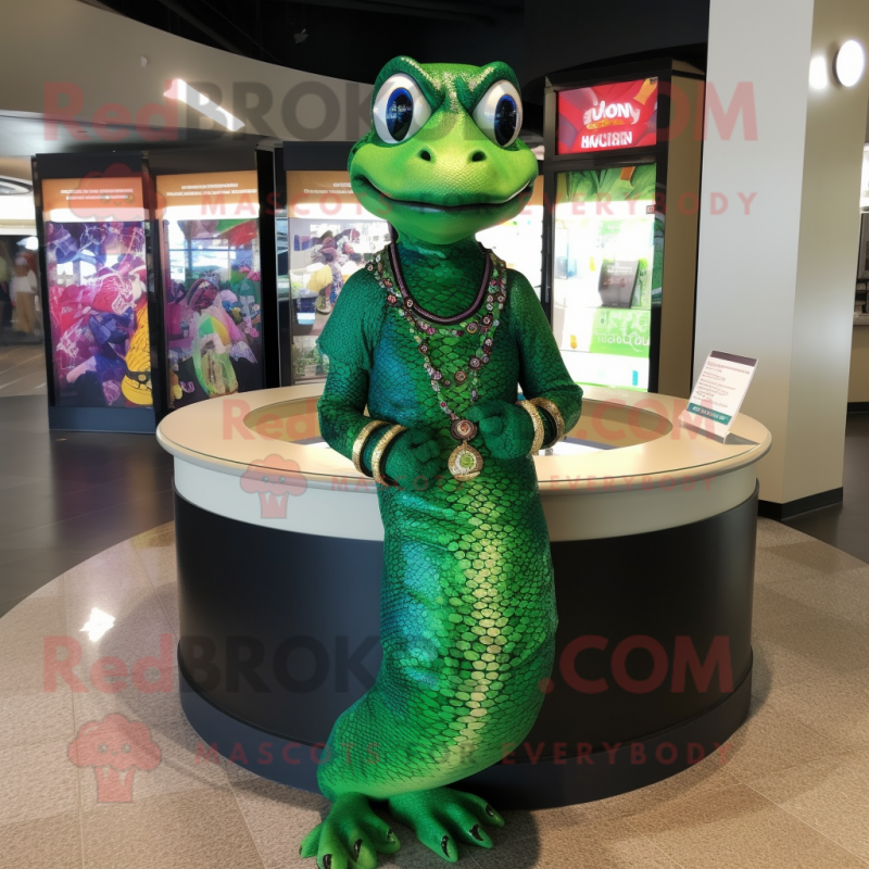 Forest Green Python mascot costume character dressed with a A-Line Dress and Bracelet watches