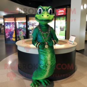 Forest Green Python mascot costume character dressed with a A-Line Dress and Bracelet watches