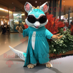 Turquoise Flying Squirrel mascot costume character dressed with a Maxi Skirt and Sunglasses