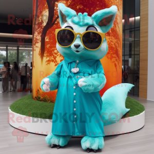 Turquoise Flying Squirrel mascot costume character dressed with a Maxi Skirt and Sunglasses
