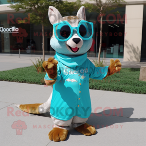 Turquoise Flying Squirrel mascot costume character dressed with a Maxi Skirt and Sunglasses