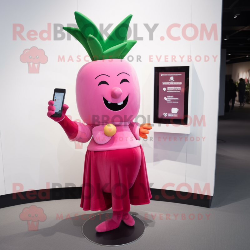 Pink Beet mascot costume character dressed with a Cocktail Dress and Wallets