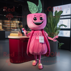 Pink Beet mascot costume character dressed with a Cocktail Dress and Wallets