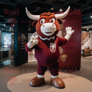 Maroon Bull mascot costume character dressed with a Romper and Rings