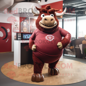 Maroon Bull mascot costume character dressed with a Romper and Rings