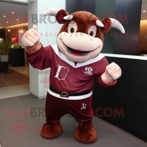 Maroon Bull mascot costume character dressed with a Romper and Rings