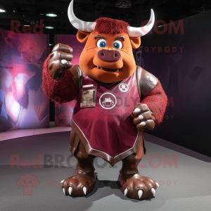 Maroon Bull mascot costume character dressed with a Romper and Rings