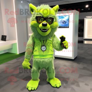 Lime Green Wolf mascot costume character dressed with a Rash Guard and Eyeglasses