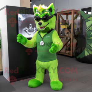 Lime Green Wolf mascot costume character dressed with a Rash Guard and Eyeglasses