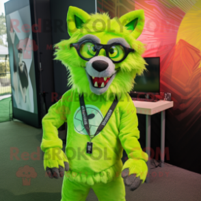 Lime Green Wolf mascot costume character dressed with a Rash Guard and Eyeglasses