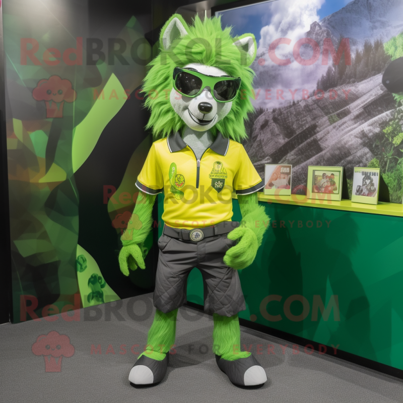 Lime Green Wolf mascot costume character dressed with a Rash Guard and Eyeglasses