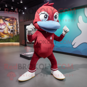 Maroon Dolphin mascot costume character dressed with a Skinny Jeans and Foot pads