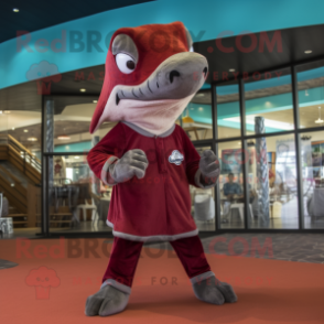 Maroon Dolphin mascot costume character dressed with a Skinny Jeans and Foot pads