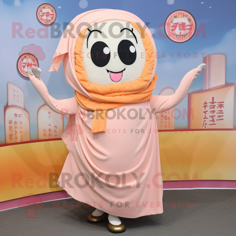 Peach Ramen mascot costume character dressed with a Circle Skirt and Scarf clips Peach Ramen mascot costume character dressed with a Circle Skirt and Scarf clips