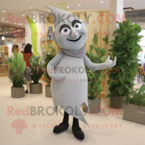 Gray Beanstalk mascot costume character dressed with a Sheath Dress and Clutch bags