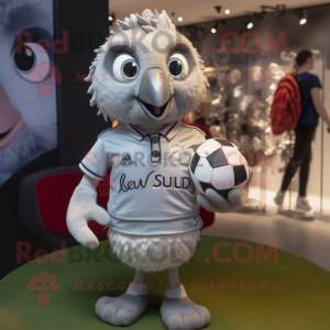 Silver Quail mascot costume character dressed with a Rugby Shirt and Gloves