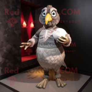 Silver Quail mascot costume character dressed with a Rugby Shirt and Gloves