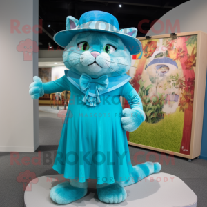 Turquoise Cat mascot costume character dressed with a Maxi Skirt and Hats