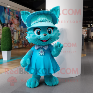 Turquoise Cat mascot costume character dressed with a Maxi Skirt and Hats