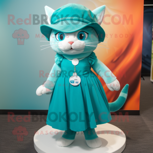 Turquoise Cat mascot costume character dressed with a Maxi Skirt and Hats