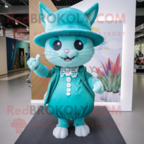 Turquoise Cat mascot costume character dressed with a Maxi Skirt and Hats