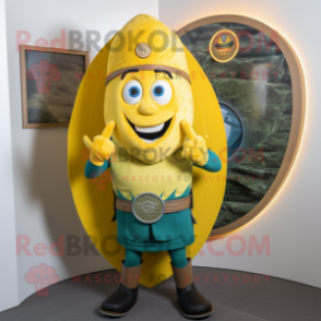 Yellow Celtic Shield mascot costume character dressed with a Skinny Jeans and Caps