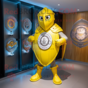 Yellow Celtic Shield mascot costume character dressed with a Skinny Jeans and Caps