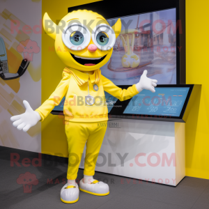 Lemon Yellow Vampire mascot costume character dressed with a Polo Shirt and Digital watches