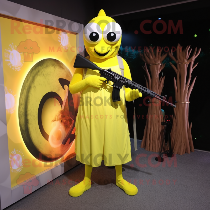 Lemon Yellow Sniper mascot costume character dressed with a Evening Gown and Headbands