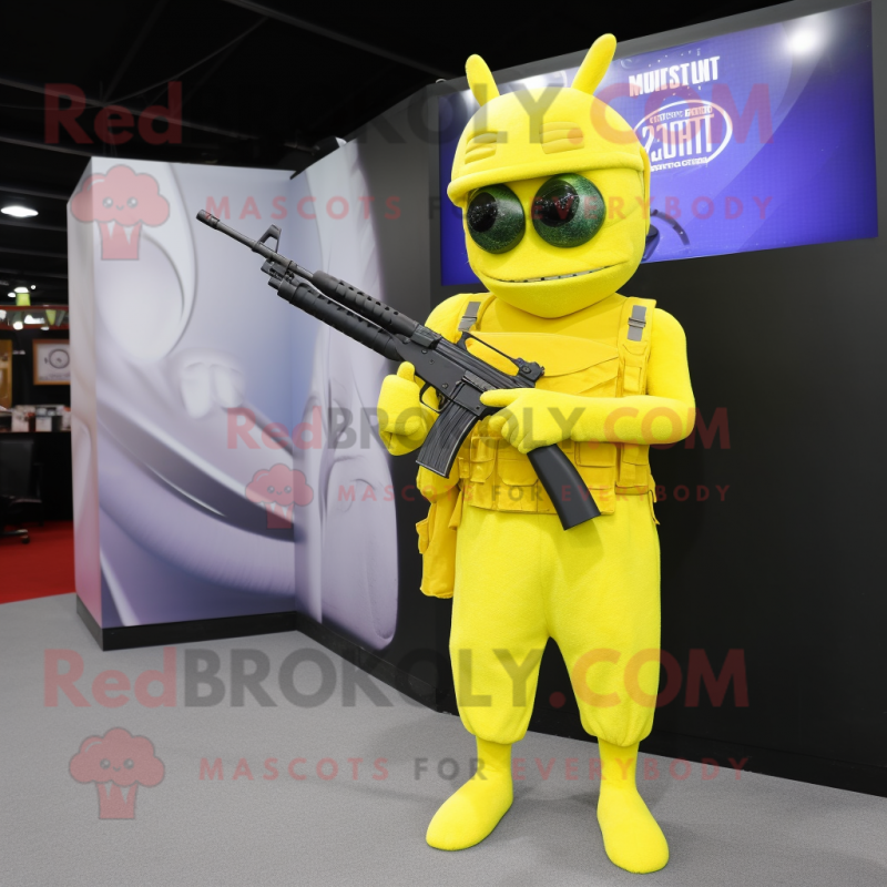 Lemon Yellow Sniper mascot costume character dressed with a Evening Gown and Headbands