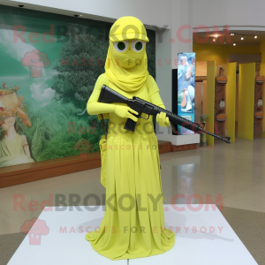Lemon Yellow Sniper mascot costume character dressed with a Evening Gown and Headbands
