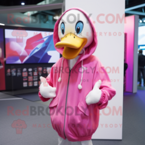 Pink Geese mascot costume character dressed with a Hoodie and Pocket squares