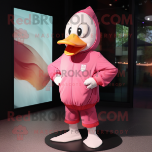 Pink Geese mascot costume character dressed with a Hoodie and Pocket squares