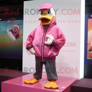 Pink Geese mascot costume character dressed with a Hoodie and Pocket squares