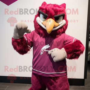 Magenta Falcon mascot costume character dressed with a Chinos and Shawl pins