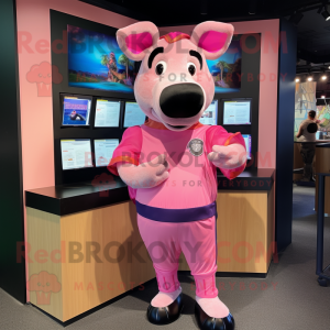 Pink Tapir mascot costume character dressed with a Rash Guard and Coin purses