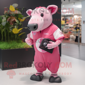 Pink Tapir mascot costume character dressed with a Rash Guard and Coin purses