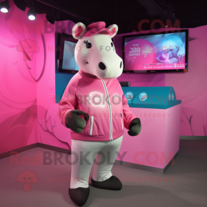 Pink Tapir mascot costume character dressed with a Rash Guard and Coin purses
