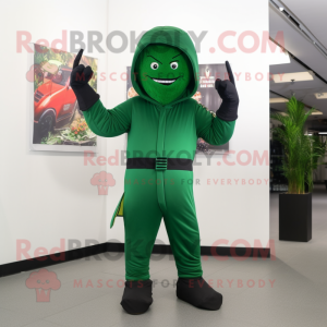 Forest Green Knife Thrower mascot costume character dressed with a Jumpsuit and Gloves