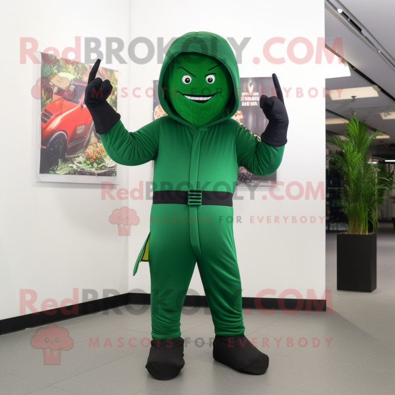 Forest Green Knife Thrower mascot costume character dressed with a Jumpsuit and Gloves