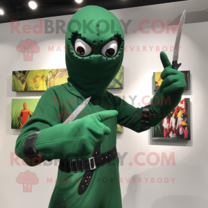 Forest Green Knife Thrower mascot costume character dressed with a Jumpsuit and Gloves