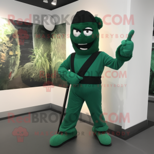 Forest Green Knife Thrower mascot costume character dressed with a Jumpsuit and Gloves