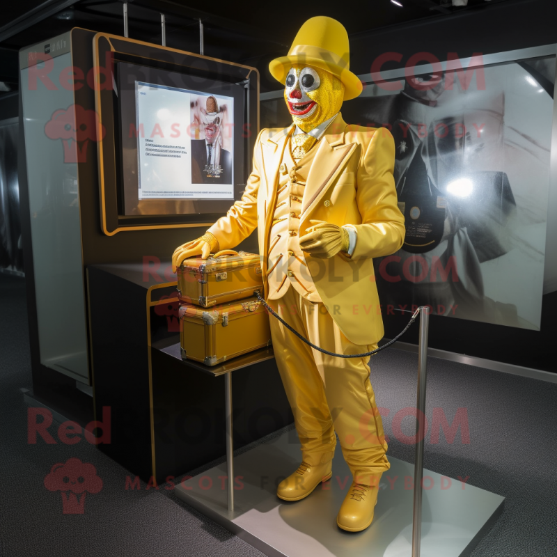 Gold Clown mascot costume character dressed with a Bodysuit and Briefcases