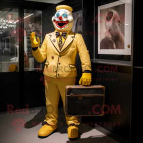 Gold Clown mascot costume character dressed with a Bodysuit and Briefcases