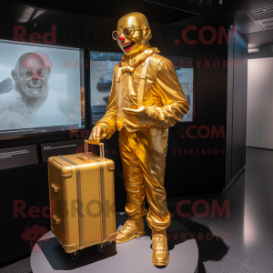 Gold Clown mascot costume character dressed with a Bodysuit and Briefcases